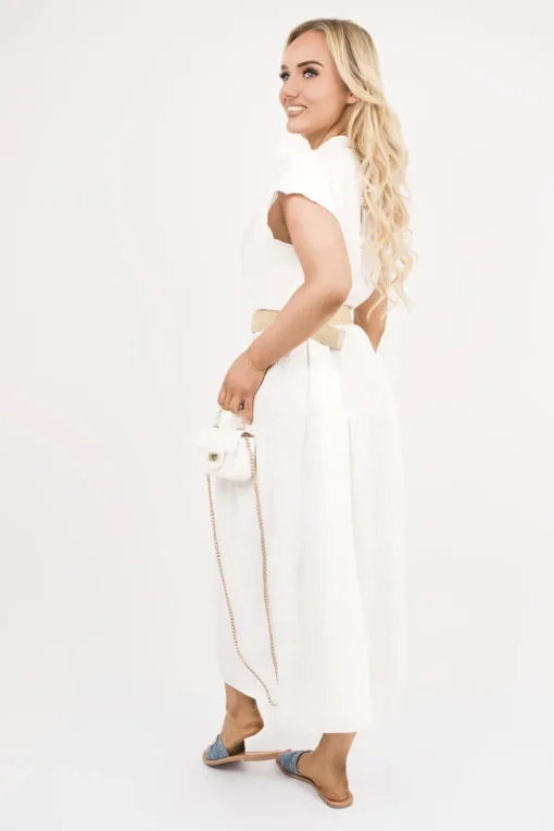 White Kareen V Neck Short Sleeve Tiered Midi Dress with Belt<IKRUSH Outlet