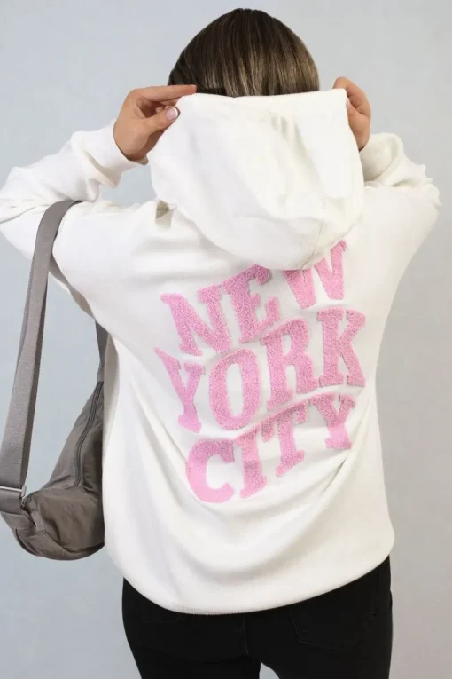 White Karen New York City Print Knitted Hoodie<IKRUSH Fashion