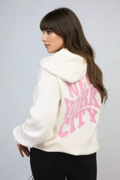 White Karen New York City Print Knitted Hoodie<IKRUSH Fashion