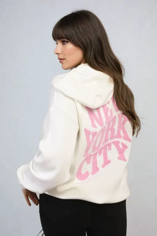 White Karen New York City Print Knitted Hoodie<IKRUSH Fashion