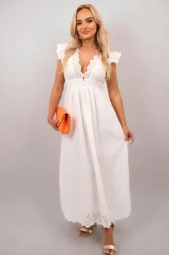 White Kyla Ruffle Short Sleeve V-Neck Button Front Lace Detail Maxi Dress<IKRUSH Outlet
