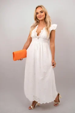 White Kyla Ruffle Short Sleeve V-Neck Button Front Lace Detail Maxi Dress<IKRUSH Outlet