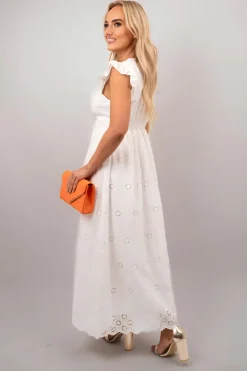 White Kyla Ruffle Short Sleeve V-Neck Button Front Lace Detail Maxi Dress<IKRUSH Outlet
