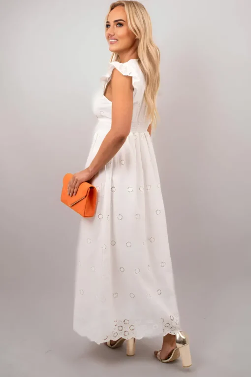 White Kyla Ruffle Short Sleeve V-Neck Button Front Lace Detail Maxi Dress<IKRUSH Outlet
