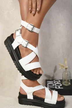 White Lauren Criss Cross Ankle Strap Chunky Sandals<IKRUSH Clearance