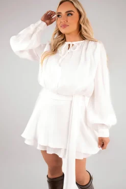 White Laylani Satin Long Sleeve Ruffle Belted Mini Dress<IKRUSH Clearance