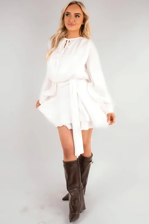 White Laylani Satin Long Sleeve Ruffle Belted Mini Dress<IKRUSH Clearance