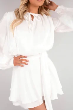White Laylani Satin Long Sleeve Ruffle Belted Mini Dress<IKRUSH Clearance