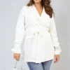 White Lexi Collared Long Sleeve V-Neck Belted Blazer Jacket<IKRUSH Clearance