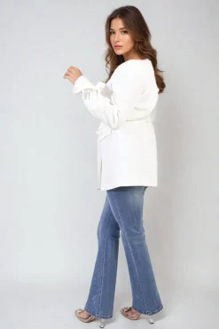 White Lexi Collared Long Sleeve V-Neck Belted Blazer Jacket<IKRUSH Clearance