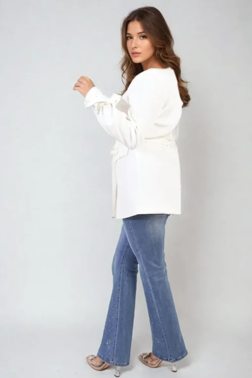 White Lexi Collared Long Sleeve V-Neck Belted Blazer Jacket<IKRUSH Clearance
