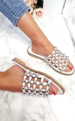 White Liza Studded Caged Open Toe Sandals<IKRUSH Sale