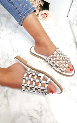 White Liza Studded Caged Open Toe Sandals<IKRUSH Sale