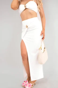 White Lyra Bandeau Crop Top and Wrap Maxi Skirt Co-ord with Gem Detail<IKRUSH Sale