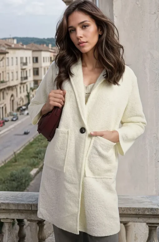 White Martha Buttoned Textured Jacket with Front Pockets<IKRUSH New