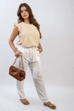 White Matilda Drawstring High Waist Trouser with Side Pockets<IKRUSH Clearance