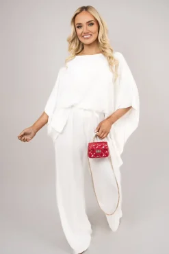 White Melody Batwing Top and Drawstring Wide Leg Trousers Co-ord Set<IKRUSH Fashion