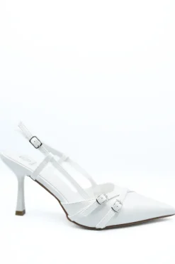 White Miranda Slingback Strappy Buckle High Heels<IKRUSH Hot