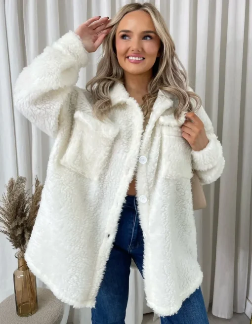 White Monica Button Down Collared Winter Coat Jacket<IKRUSH Hot