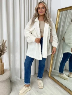 White Monica Button Down Collared Winter Coat Jacket<IKRUSH Hot