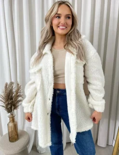 White Monica Button Down Collared Winter Coat Jacket<IKRUSH Hot