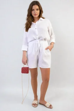 White Monica Oversized Button Front Shirt and Shorts Co-ord Set<IKRUSH Fashion