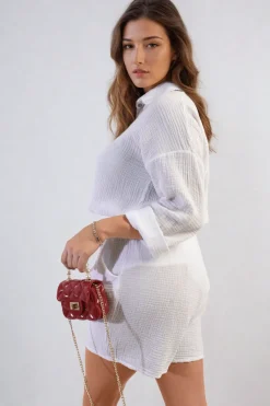 White Monica Oversized Button Front Shirt and Shorts Co-ord Set<IKRUSH Fashion
