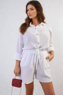 White Monica Oversized Button Front Shirt and Shorts Co-ord Set<IKRUSH Fashion