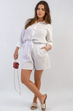 White Monica Oversized Button Front Shirt and Shorts Co-ord Set<IKRUSH Fashion