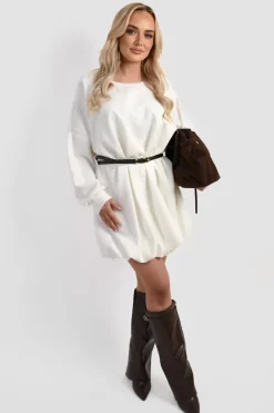 White Nadia Belted Long Sleeve Mini Balloon Dress<IKRUSH Fashion