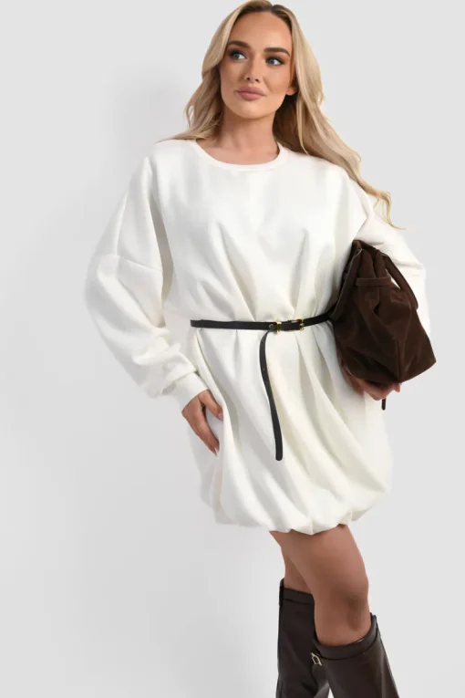 White Nadia Belted Long Sleeve Mini Balloon Dress<IKRUSH Fashion