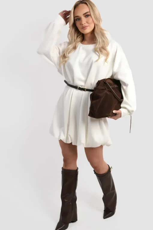 White Nadia Belted Long Sleeve Mini Balloon Dress<IKRUSH Fashion