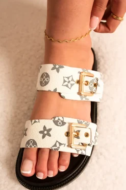 White Nancy Double Buckle Slip On Sandals<IKRUSH Hot