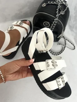 White Nora Multi Strap Ankle Buckle Chunky Sandals<IKRUSH Best