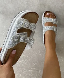 White Remy Embellished Stone Double Buckle Platform Sandals<IKRUSH Online