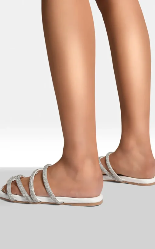 White Reya Embellished Asymmetrical Strap Flat Sandals<IKRUSH Outlet