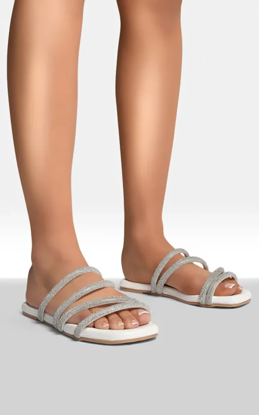 White Reya Embellished Asymmetrical Strap Flat Sandals<IKRUSH Outlet