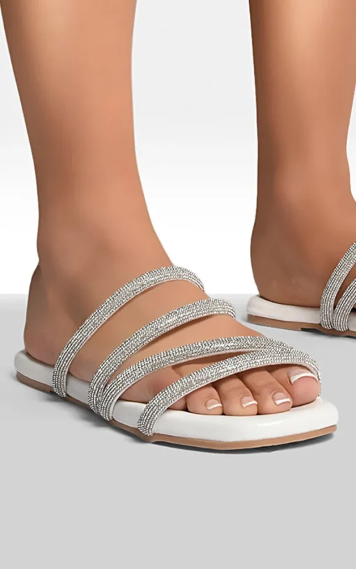 White Reya Embellished Asymmetrical Strap Flat Sandals<IKRUSH Outlet