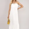 White Sarai Sleeveless Beaded Halter Neck Maxi Dress with Tiered Hem<IKRUSH Sale
