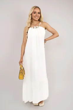 White Sarai Sleeveless Beaded Halter Neck Maxi Dress with Tiered Hem<IKRUSH Sale