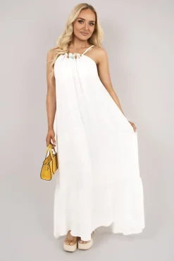 White Sarai Sleeveless Beaded Halter Neck Maxi Dress with Tiered Hem<IKRUSH Sale