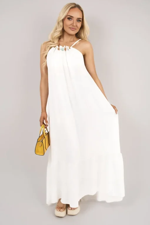 White Sarai Sleeveless Beaded Halter Neck Maxi Dress with Tiered Hem<IKRUSH Sale