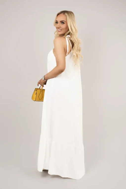 White Sarai Sleeveless Beaded Halter Neck Maxi Dress with Tiered Hem<IKRUSH Sale