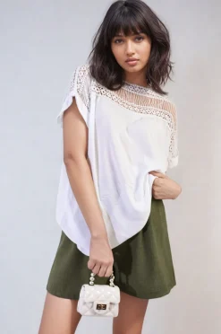 White Sylvia Lace Insert Round Neck Hollow Top<IKRUSH Sale