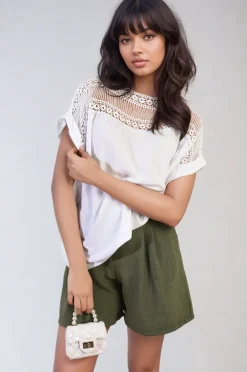 White Sylvia Lace Insert Round Neck Hollow Top<IKRUSH Sale