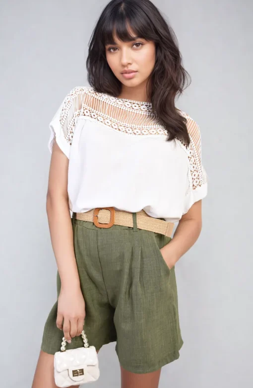 White Sylvia Lace Insert Round Neck Hollow Top<IKRUSH Sale