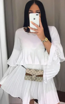 White Tessy Frill Shift Dress<IKRUSH Sale