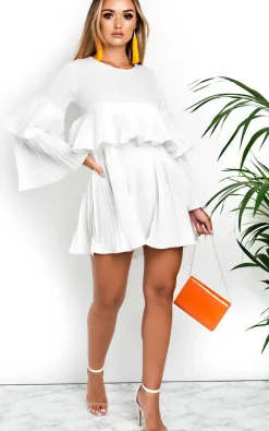 White Tessy Frill Shift Dress<IKRUSH Sale