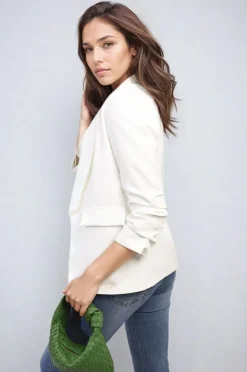 White Valerie Ruched Sleeve Open Front Blazer Jacket with Front Pockets<IKRUSH Hot