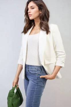 White Valerie Ruched Sleeve Open Front Blazer Jacket with Front Pockets<IKRUSH Hot